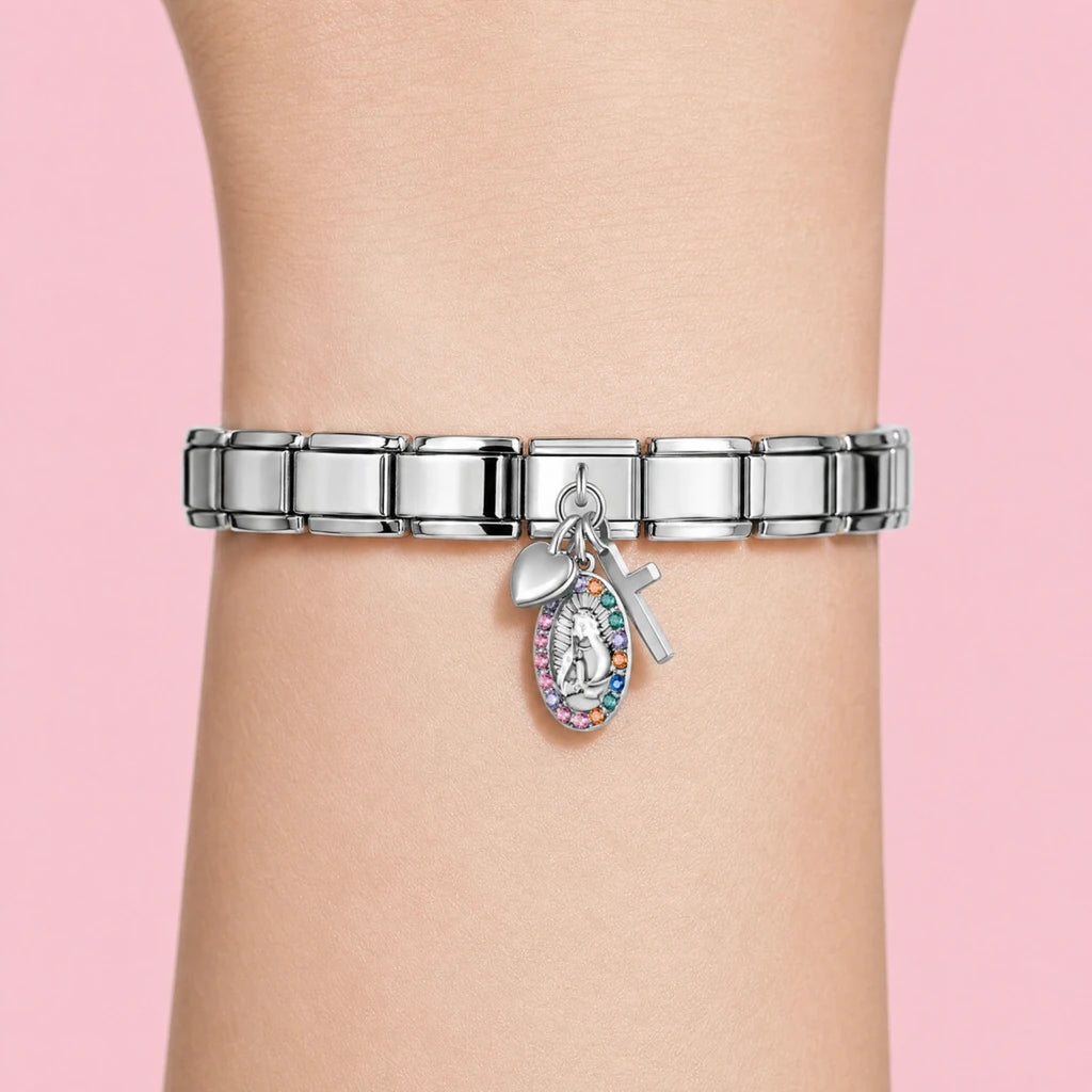 Faith Cluster charm worn on a silver Italian bracelet