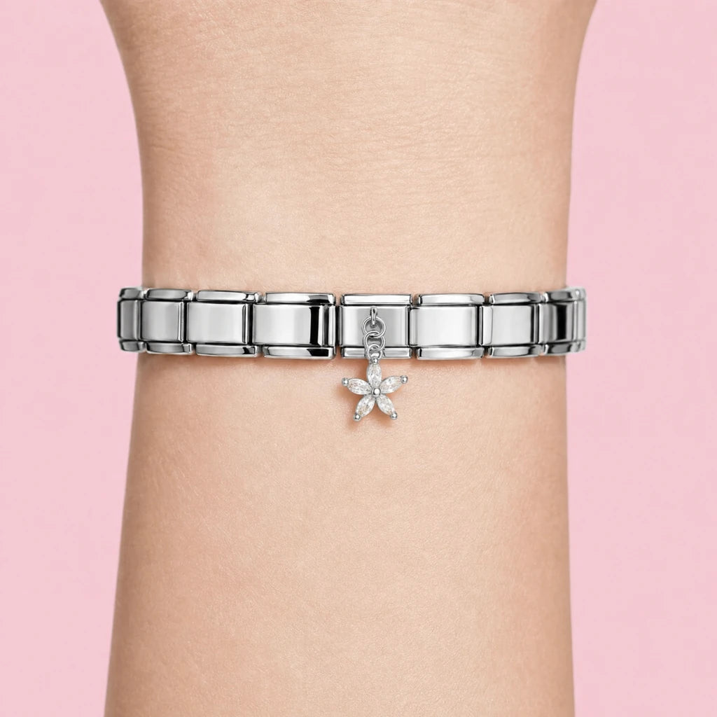 Crystal Flower charm worn on a silver Italian bracelet