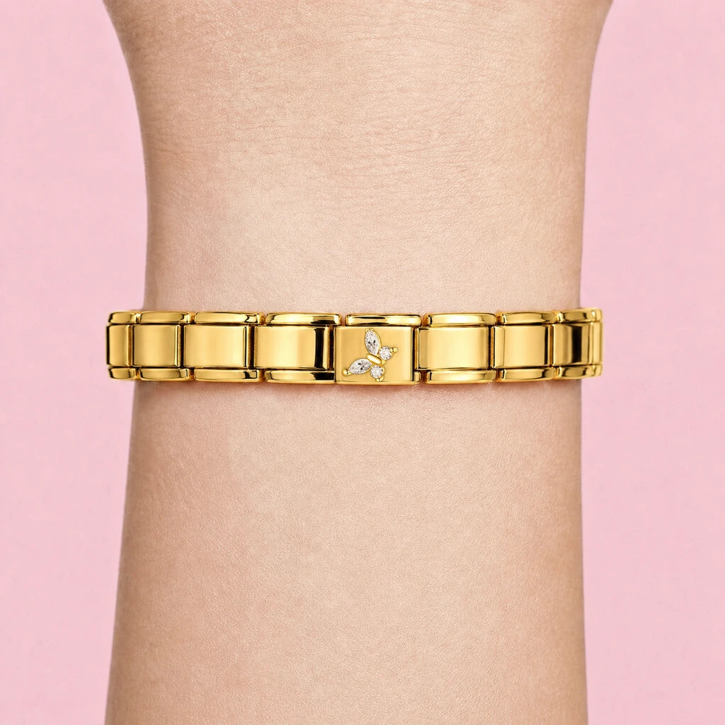 Golden Dragonfly charm worn on a gold Italian bracelet
