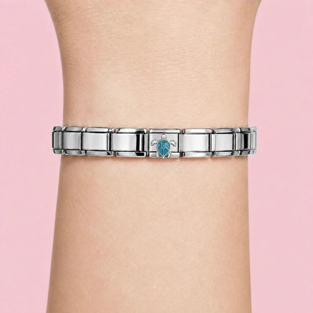 Sea Turtle charm worn on a silver Italian bracelet