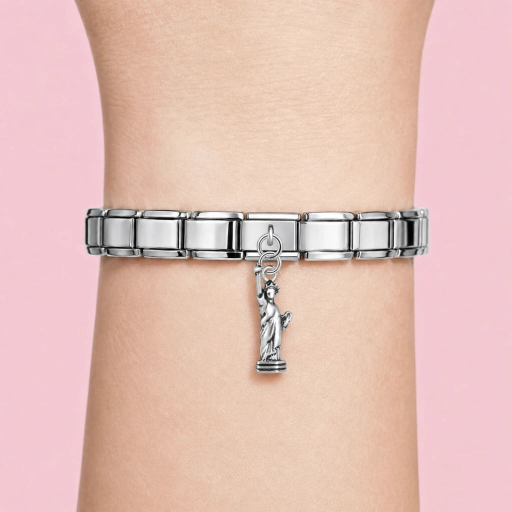 Lady Liberty charm worn on a silver Italian bracelet