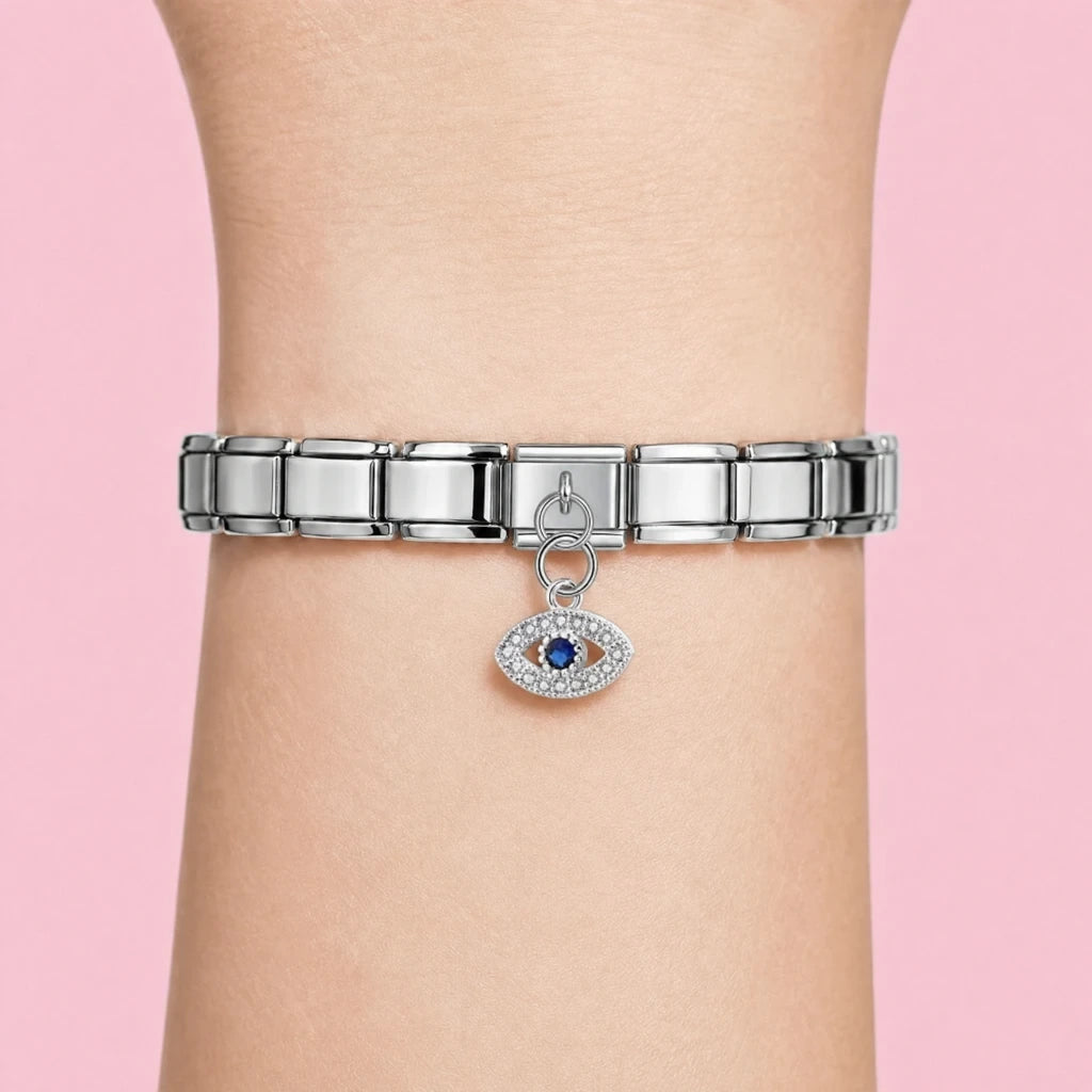 Crystal Eye charm worn on a silver Italian bracelet