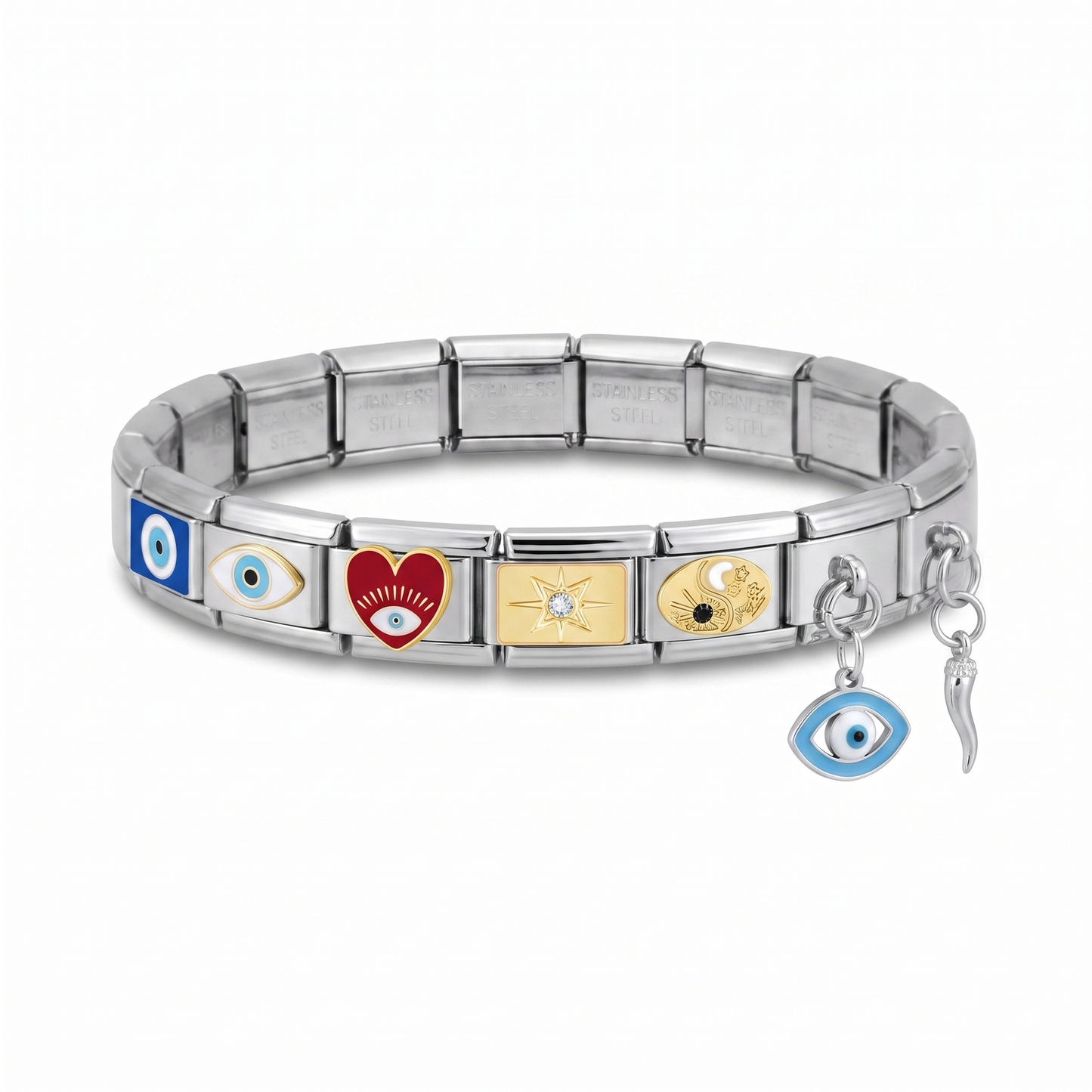 Emma Design — silver classic bracelet with evil eye, eye, red heart eye, sparkle, day & night charms and evil eye and Italian horn dangles