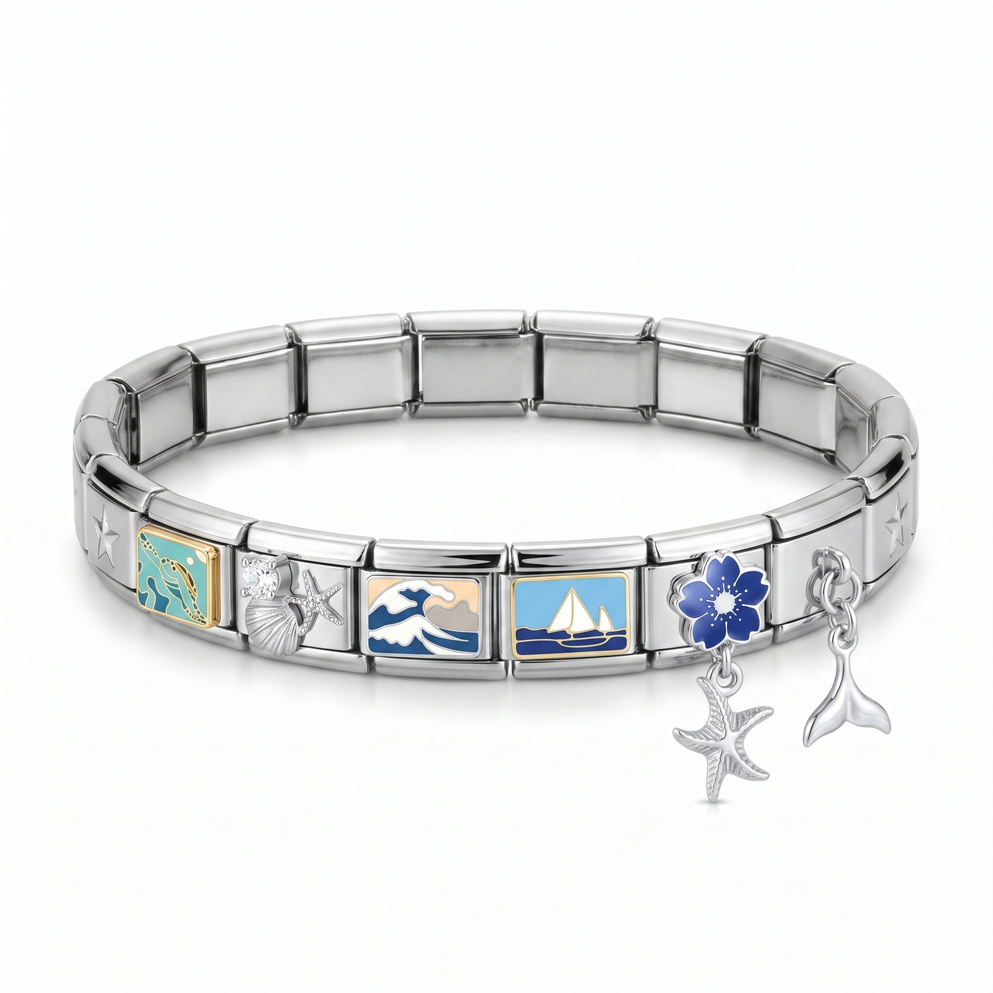 Isabella Design — silver star bracelet with sea turtle, oyster & starfish, Great Wave, sailboat, blue sakura charms and starfish and mermaid tail dangles