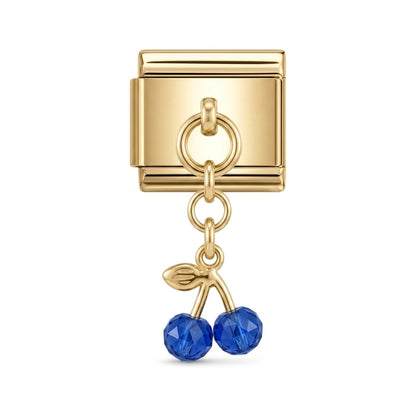 Blue crystal cherry dangle charm on gold Italian link