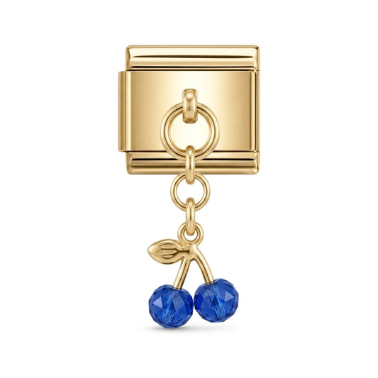 Blue crystal cherry dangle charm on gold Italian link