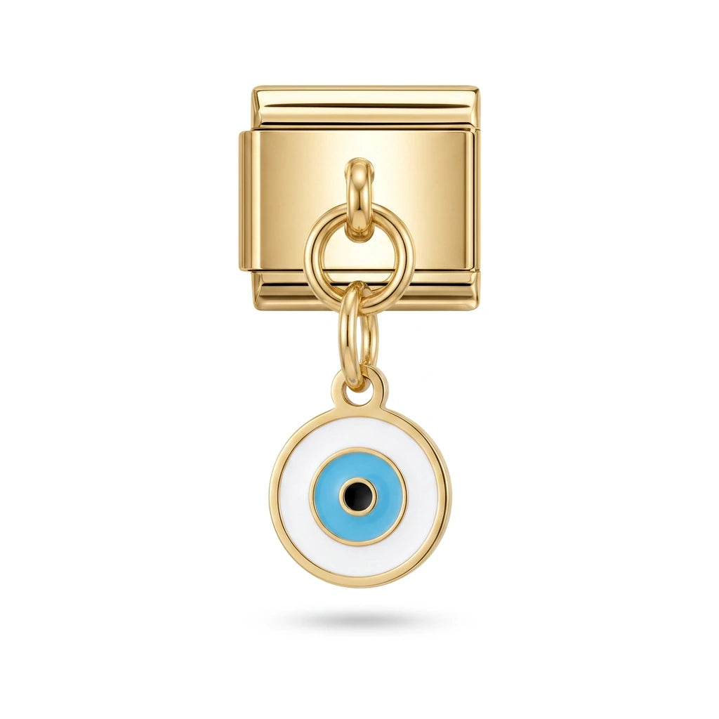 Blue evil eye dangle charm on gold Italian link