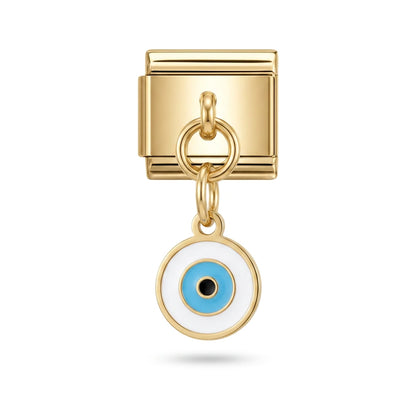 Blue evil eye dangle charm on gold Italian link