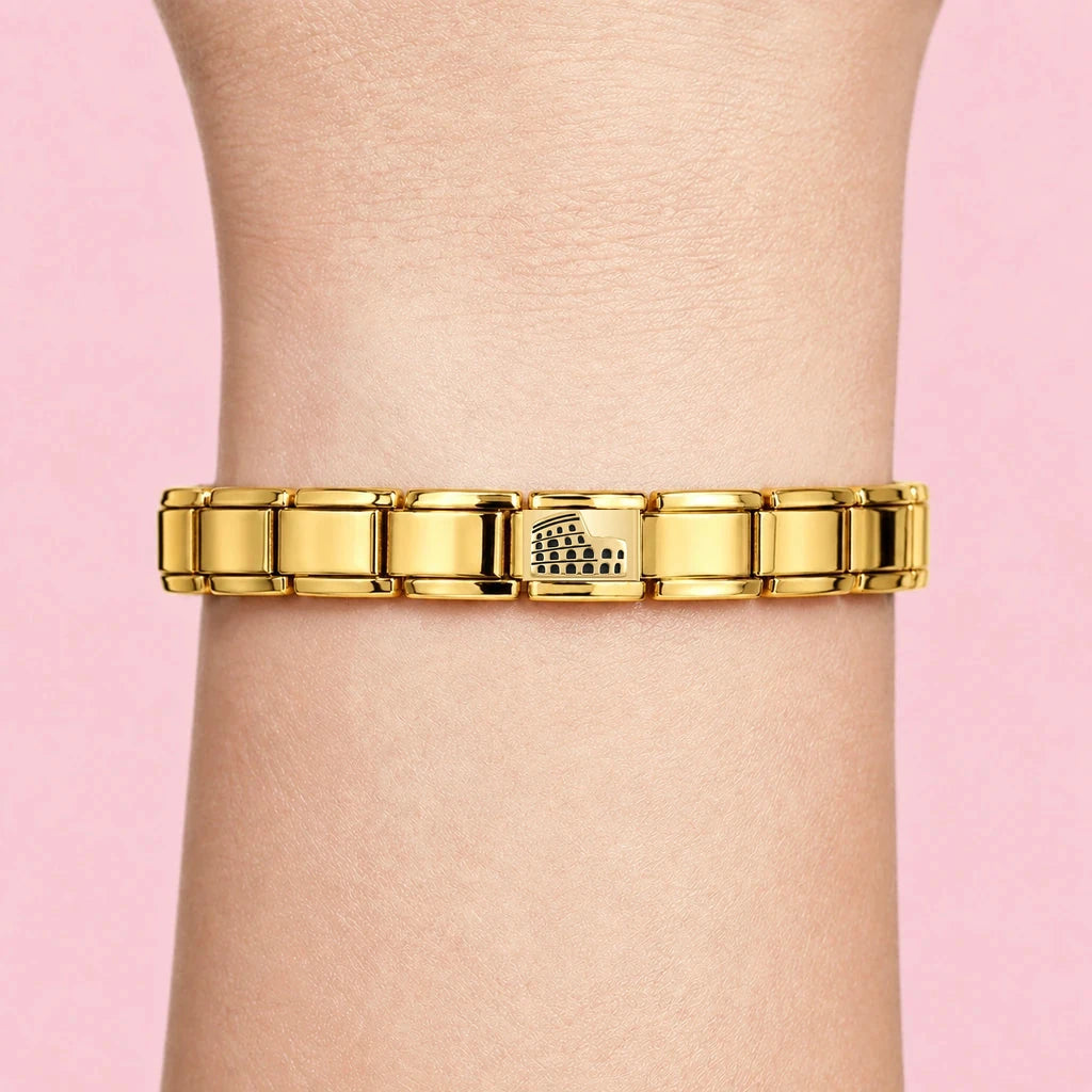 Colosseum charm worn on a gold Italian bracelet