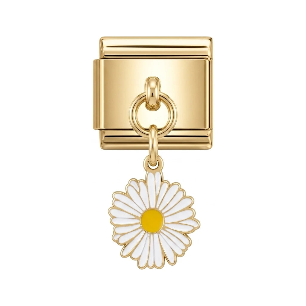 White daisy dangle charm on gold Italian link