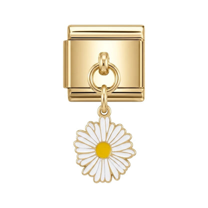 White daisy dangle charm on gold Italian link