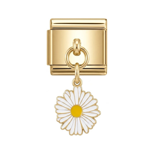 White daisy dangle charm on gold Italian link