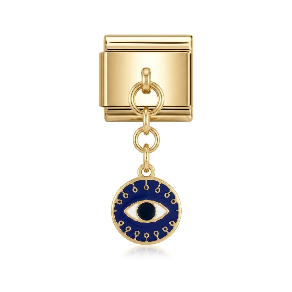 Deep blue evil eye dangle charm on gold Italian link