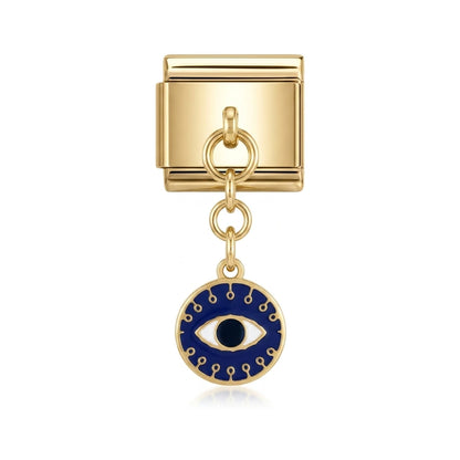 Deep blue evil eye dangle charm on gold Italian link