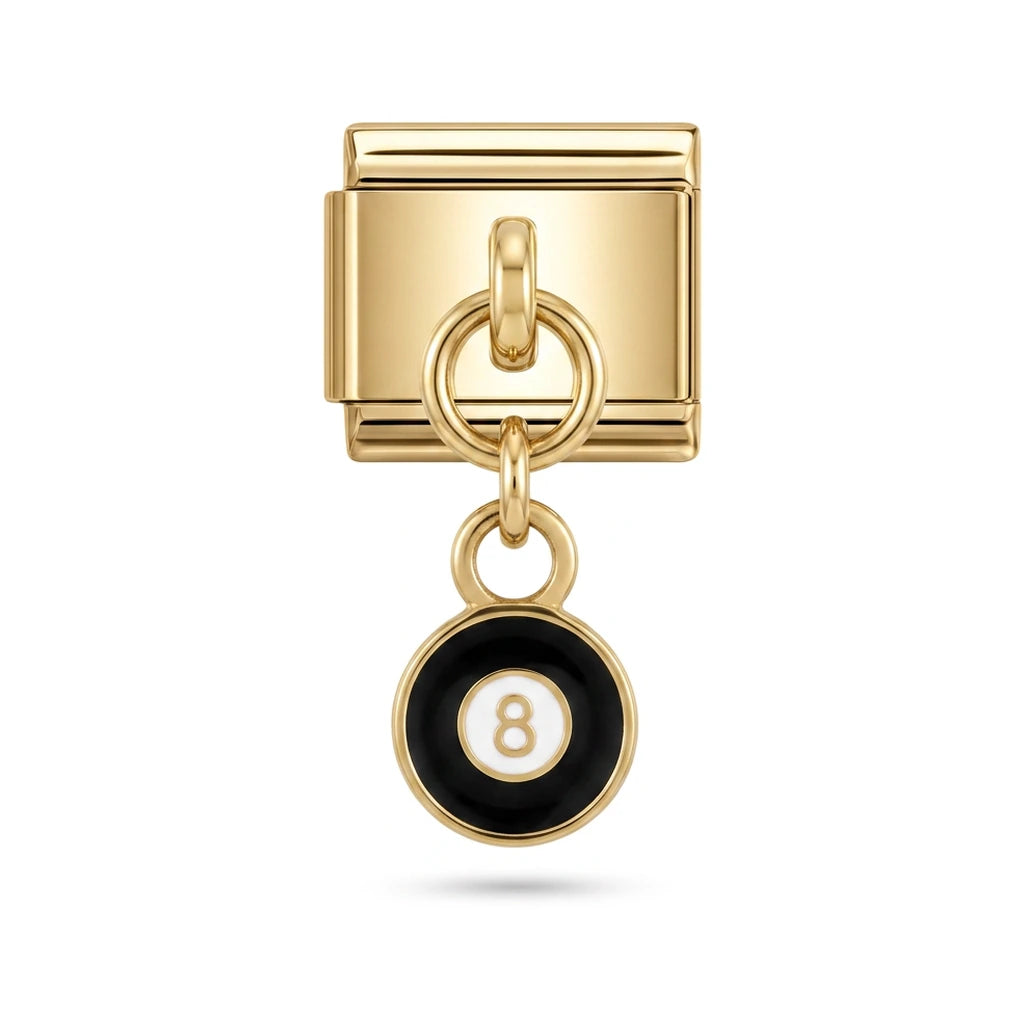 Eight ball dangle charm on gold Italian link