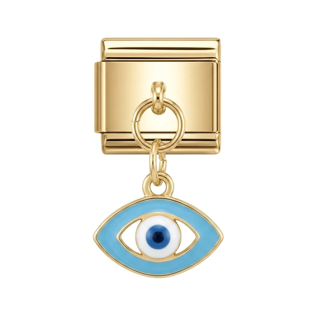 Evil eye dangle charm on gold Italian link
