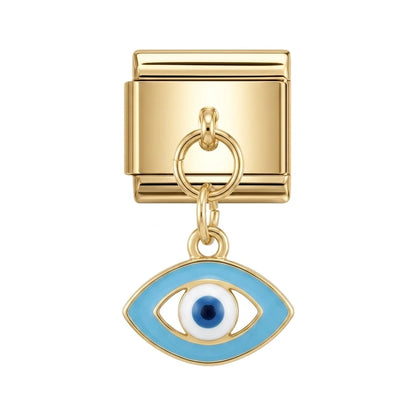 Evil eye dangle charm on gold Italian link