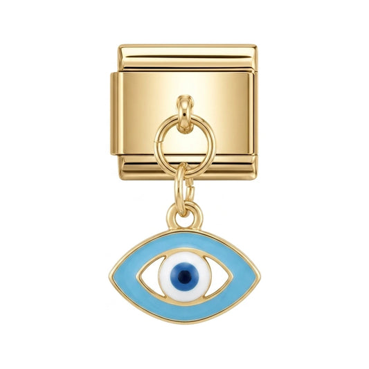 Evil eye dangle charm on gold Italian link
