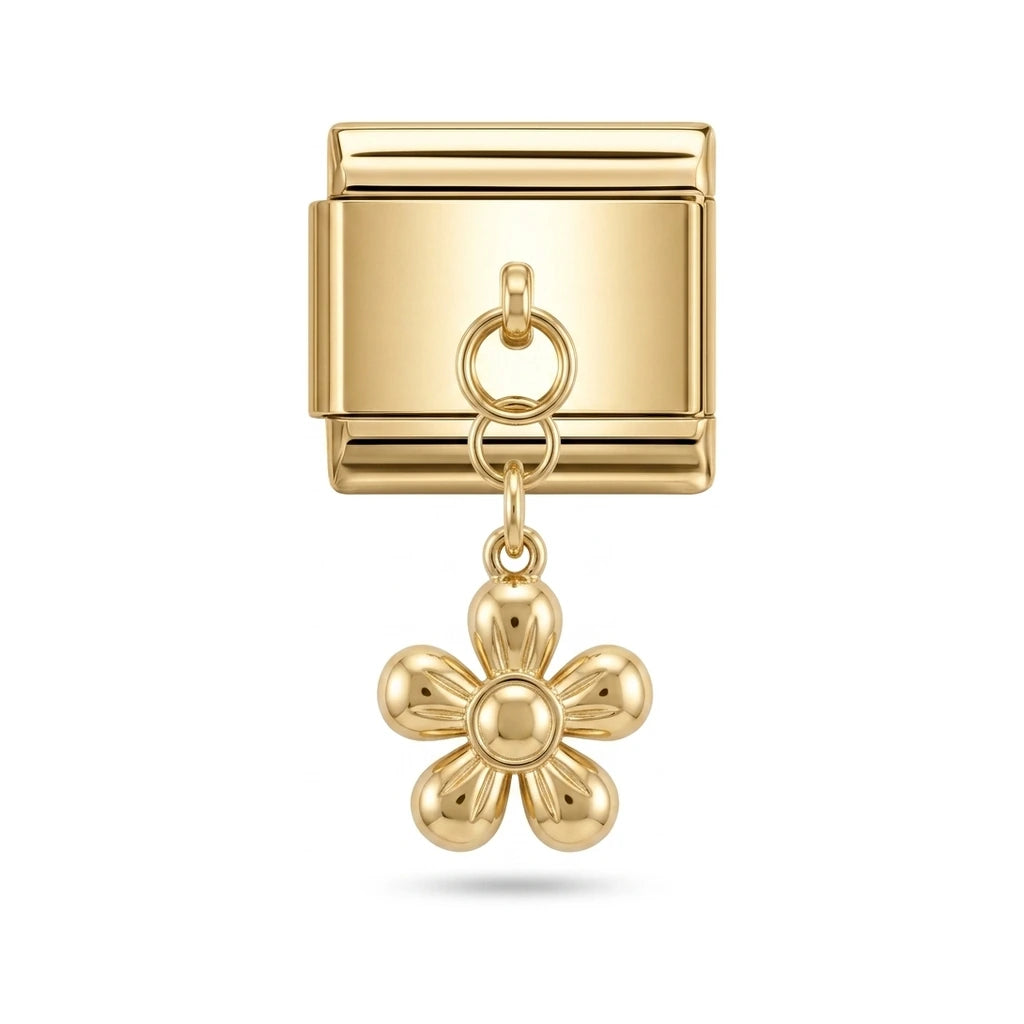 Flower dangle charm on gold Italian link