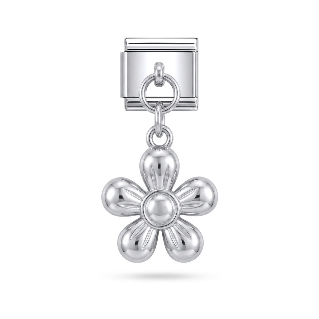 Flower dangle charm on silver Italian link