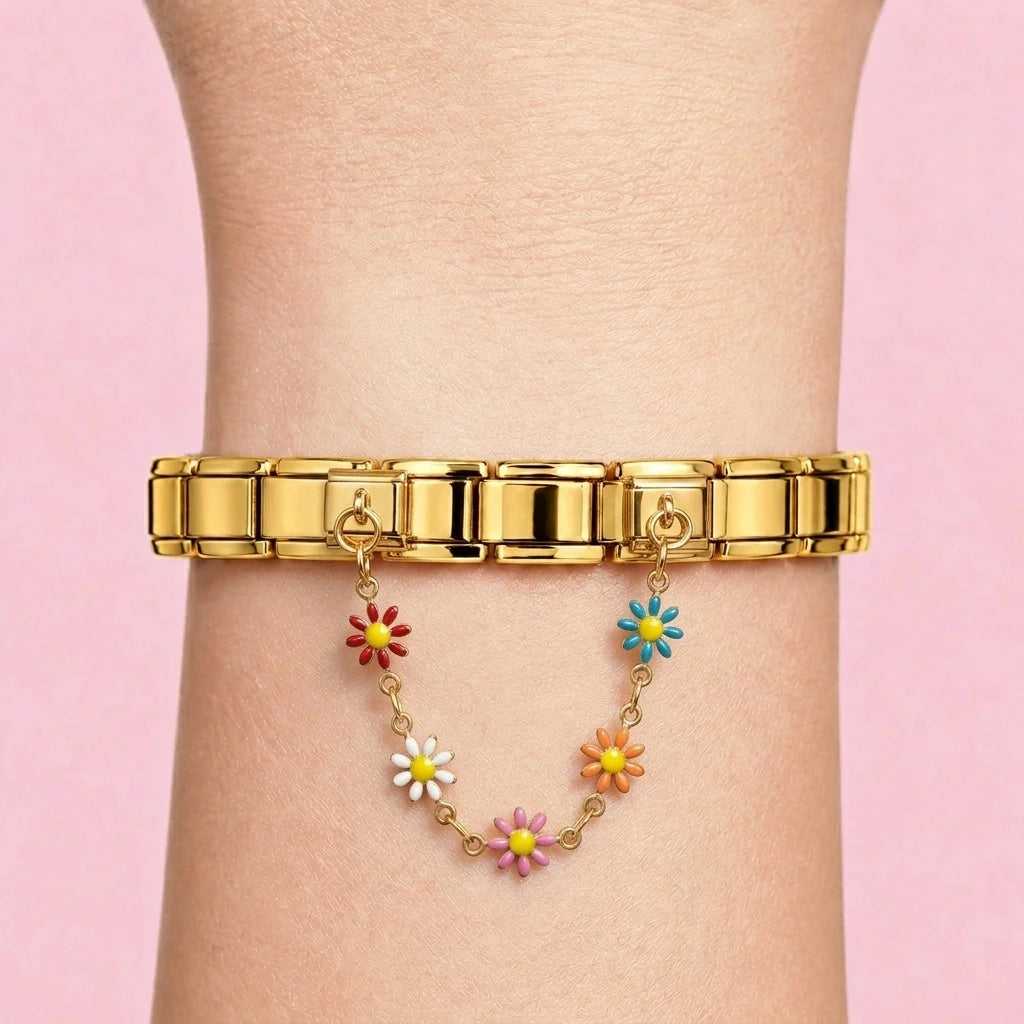 Flower safety chain worn on a gold Italian bracelet