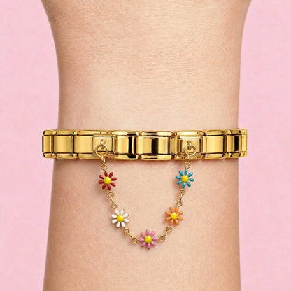 Flower safety chain worn on a gold Italian bracelet