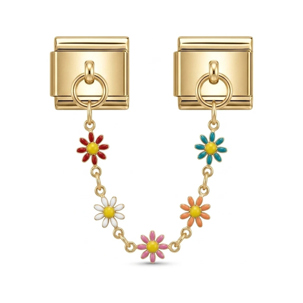 Gold safety chain with enamel flowers for Italian bracelets