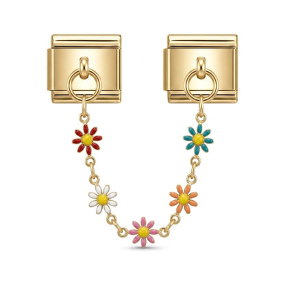 Gold safety chain with enamel flowers for Italian bracelets