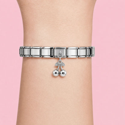 Pearl Cherries charm worn on a silver Italian bracelet