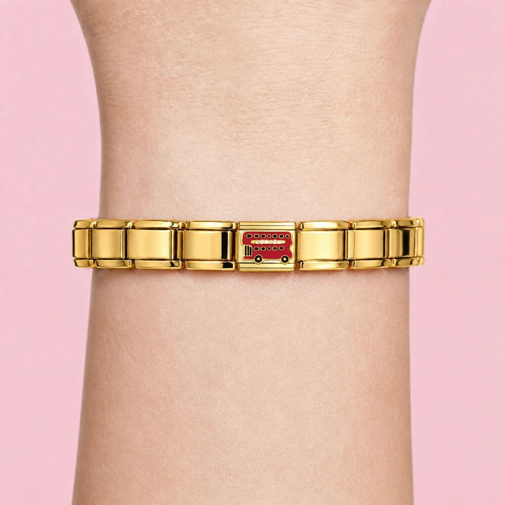 London Bus charm worn on a gold Italian bracelet