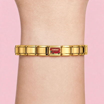 London Bus charm worn on a gold Italian bracelet