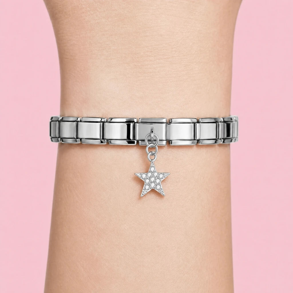 Crystal Star charm worn on a silver Italian bracelet