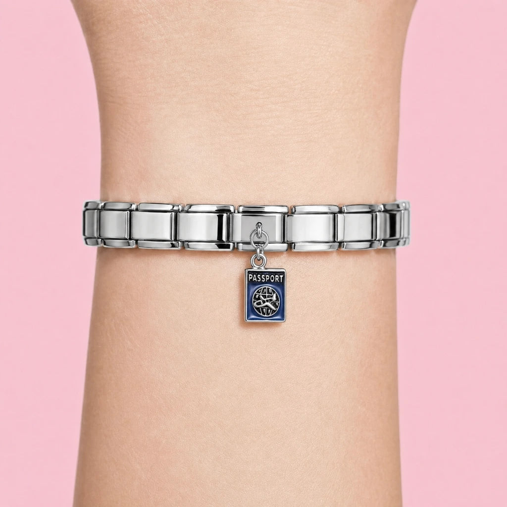 Passport charm worn on a silver Italian bracelet