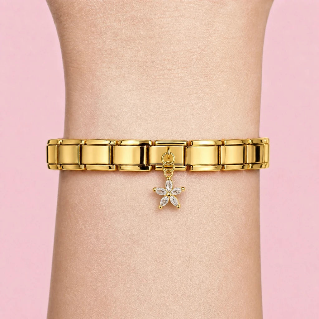 Golden Crystal Flower charm worn on a gold Italian bracelet