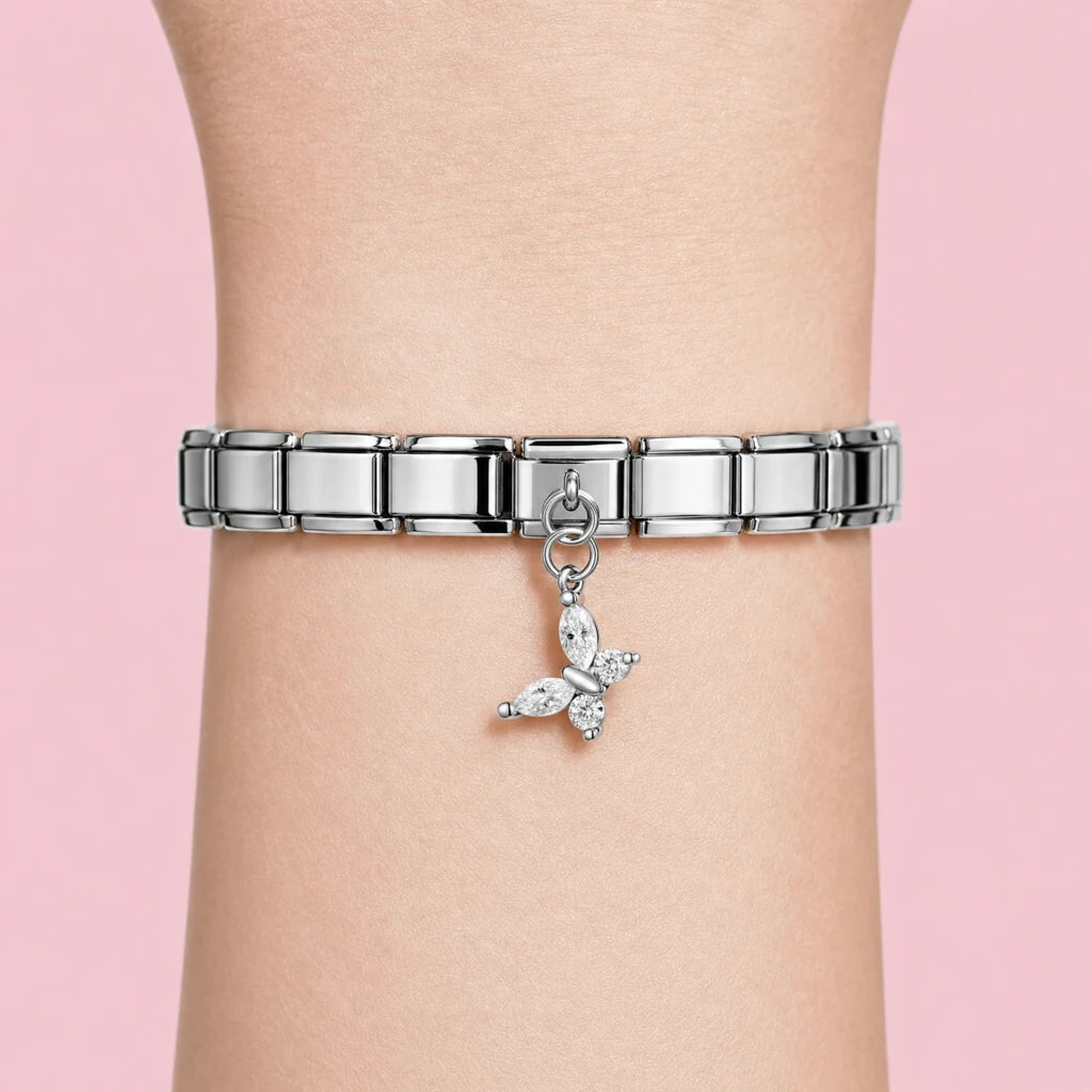 Crystal Butterfly charm worn on a silver Italian bracelet