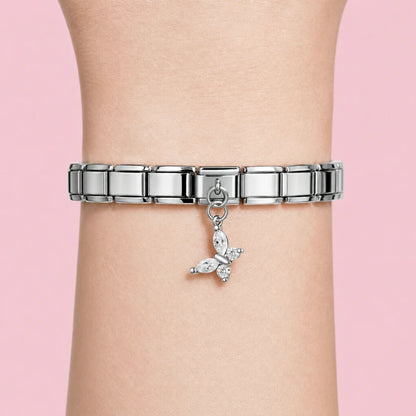 Crystal Butterfly charm worn on a silver Italian bracelet