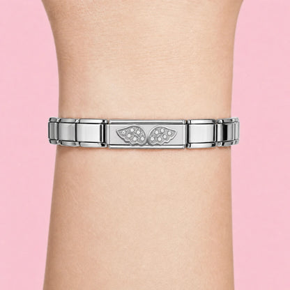 Angel Wings charm worn on a silver Italian bracelet