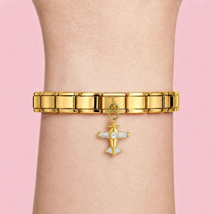 Crystal Plane charm worn on a gold Italian bracelet