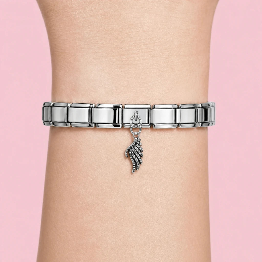 Dark Wing charm worn on a silver Italian bracelet