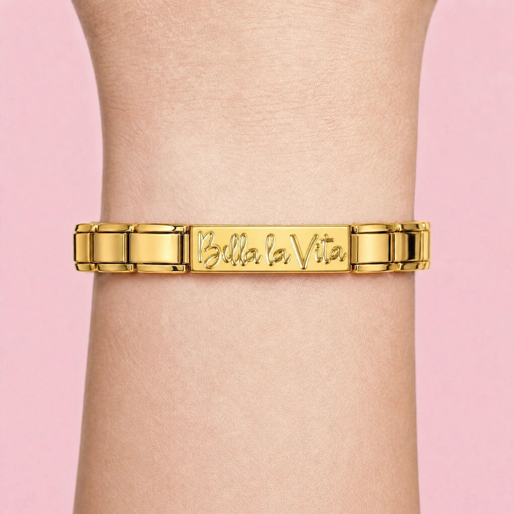 Bella la Vita charm worn on a gold Italian bracelet