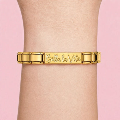 Bella la Vita charm worn on a gold Italian bracelet