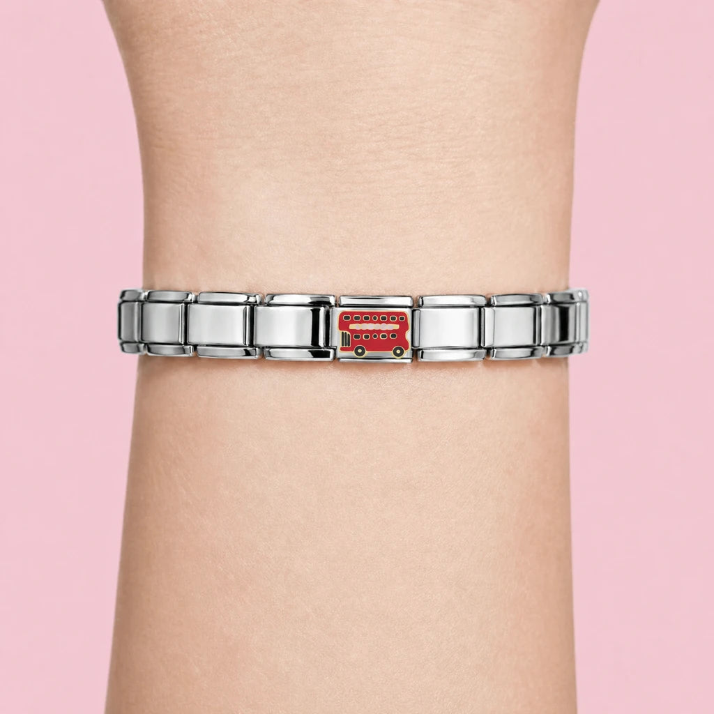 London Bus Silver charm worn on a silver Italian bracelet