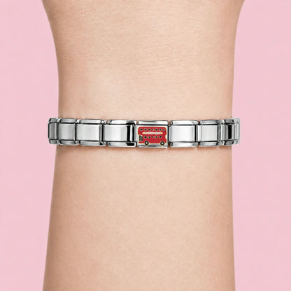London Bus Silver charm worn on a silver Italian bracelet