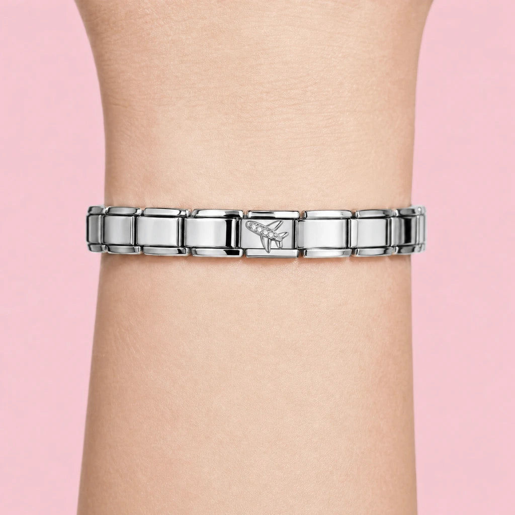 Crystal Airplane charm worn on a silver Italian bracelet