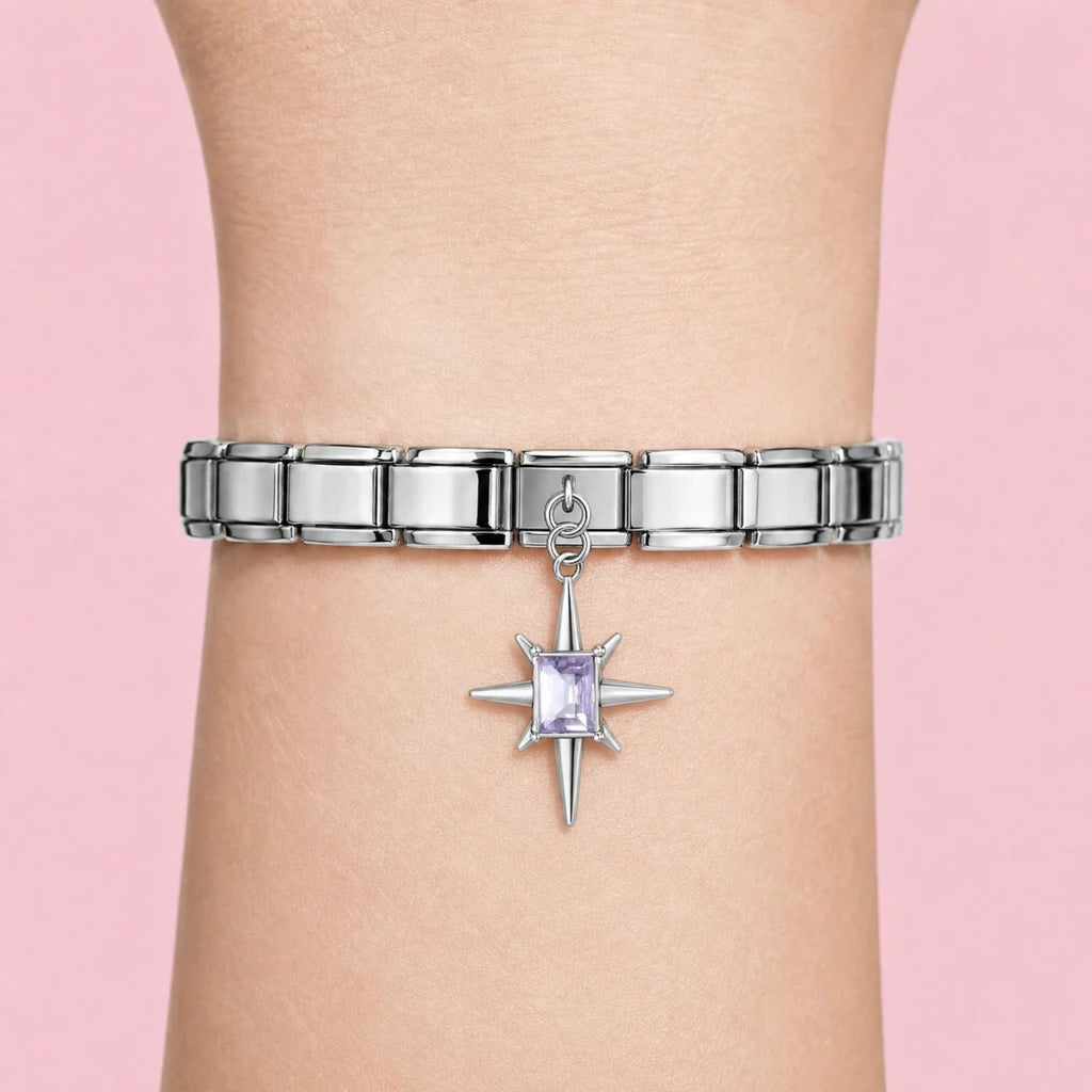 Lilac Starburst charm worn on a silver Italian bracelet