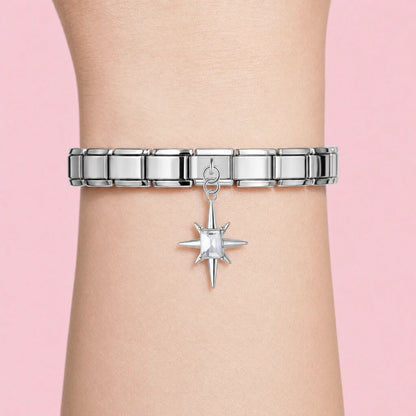 Crystal Starburst charm worn on a silver Italian bracelet