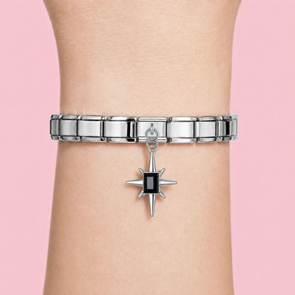 Onyx Starburst charm worn on a silver Italian bracelet