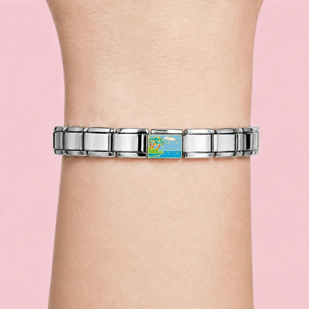Beach Escape charm worn on a silver Italian bracelet