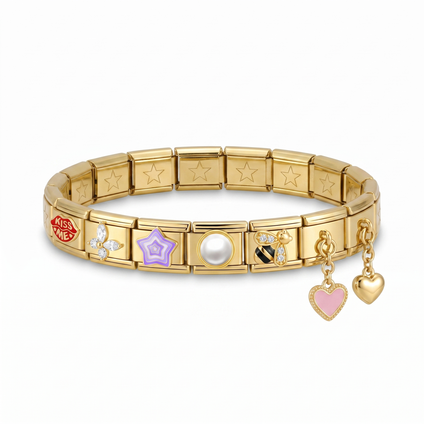 Valentina Design — gold star bracelet with Kiss Me, sparkling butterfly, purple star, pearl, bee and heart dangles