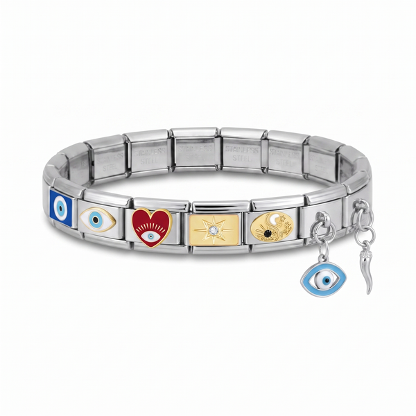 Emma Design — silver classic bracelet with evil eye, eye, red heart eye, sparkle, day & night charms and evil eye and Italian horn dangles